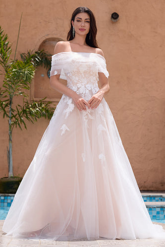 White A Line Off the Shoulder Tulle Wedding Dress