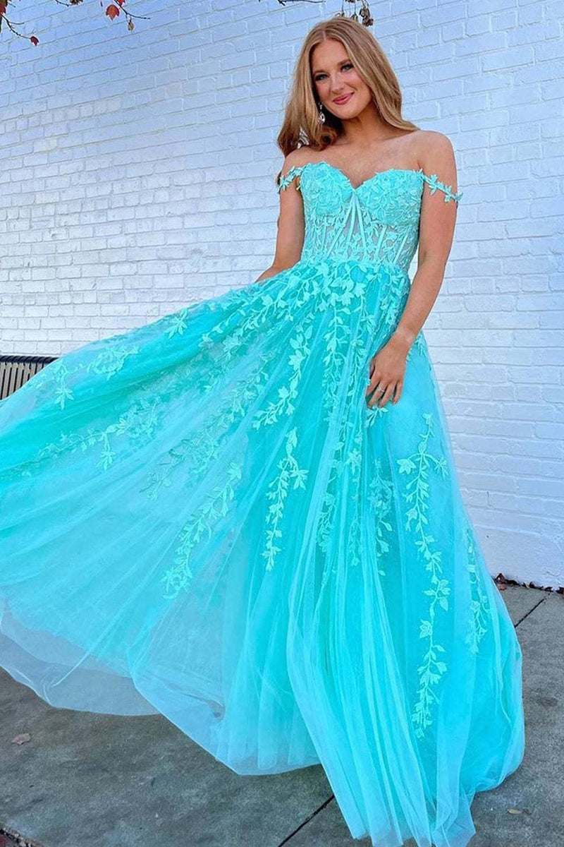 Load image into Gallery viewer, Navy A-Line Spaghetti Straps Tulle Prom Dress with Appliques
