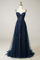 Load image into Gallery viewer, Navy Tulle Princess Prom Dress with Appliques