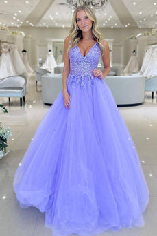 Purple A Line Tulle Long Prom Dress with Appliques