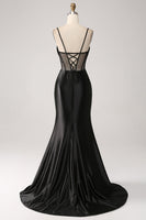 Load image into Gallery viewer, Mermaid Sweetheart Black Satin Long Prom Dress With Beading