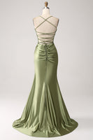 Load image into Gallery viewer, Army Green Mermaid Cowl Neckline Sequin Long Prom Dress With Slit