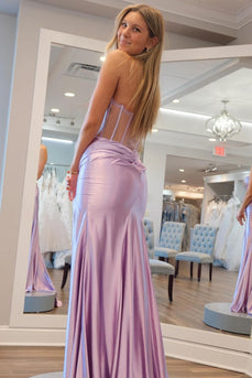 Lilac Pleated Strapless Corset Prom Dress with Slit