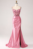Load image into Gallery viewer, Pink Mermaid Spaghetti Straps Sequin Corset Prom Dress with Slit