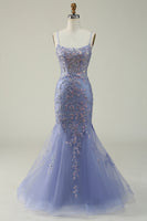 Load image into Gallery viewer, Beaded Purple Tulle Mermaid Prom Dress with Appliques