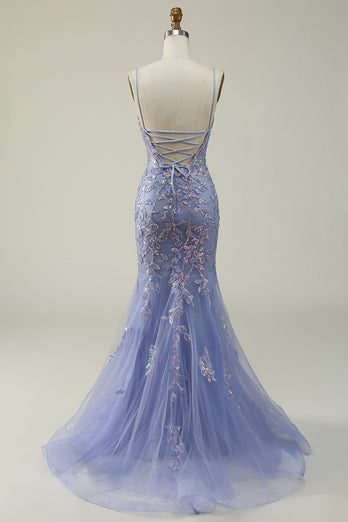 Beaded Purple Tulle Mermaid Prom Dress with Appliques
