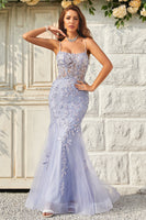 Load image into Gallery viewer, Purple Tulle Beaded Mermaid Prom Dress with Appliques