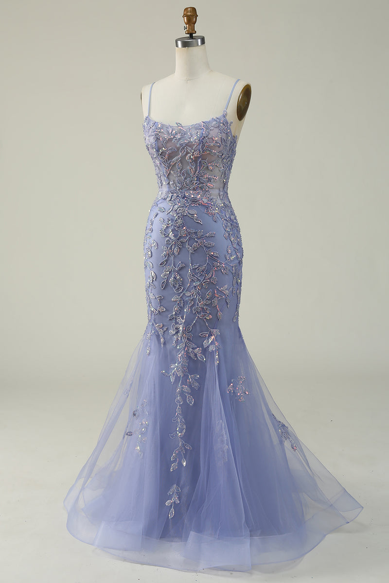 Load image into Gallery viewer, Beaded Purple Tulle Mermaid Prom Dress with Appliques