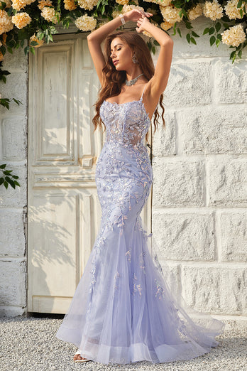 Beaded Purple Tulle Mermaid Prom Dress with Appliques