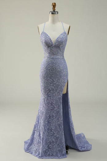 Purple Lace Mermaid Prom Dress with Slit