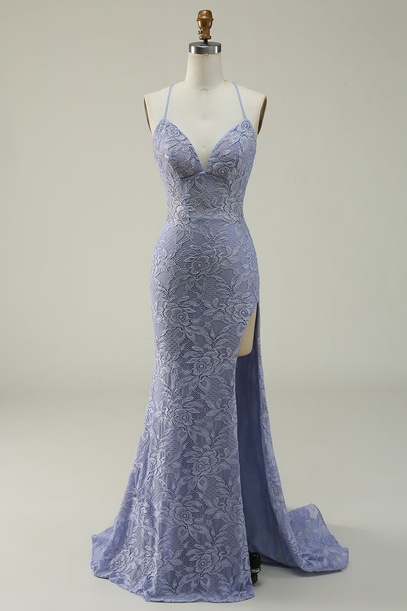 Load image into Gallery viewer, Purple Lace Mermaid Prom Dress with Slit