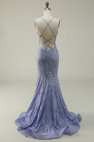 Load image into Gallery viewer, Purple Lace Mermaid Prom Dress with Slit