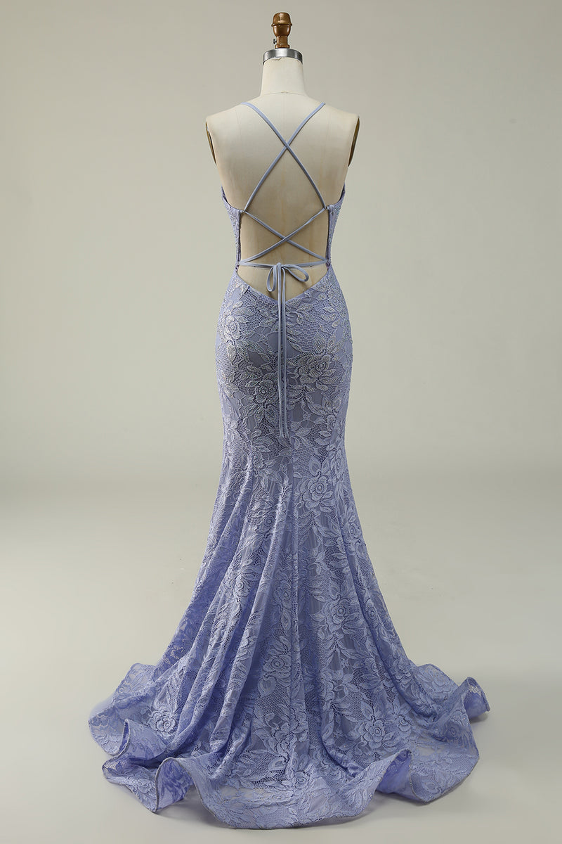 Load image into Gallery viewer, Purple Lace Mermaid Prom Dress with Slit