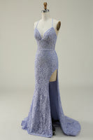 Load image into Gallery viewer, Purple Lace Mermaid Prom Dress with Slit