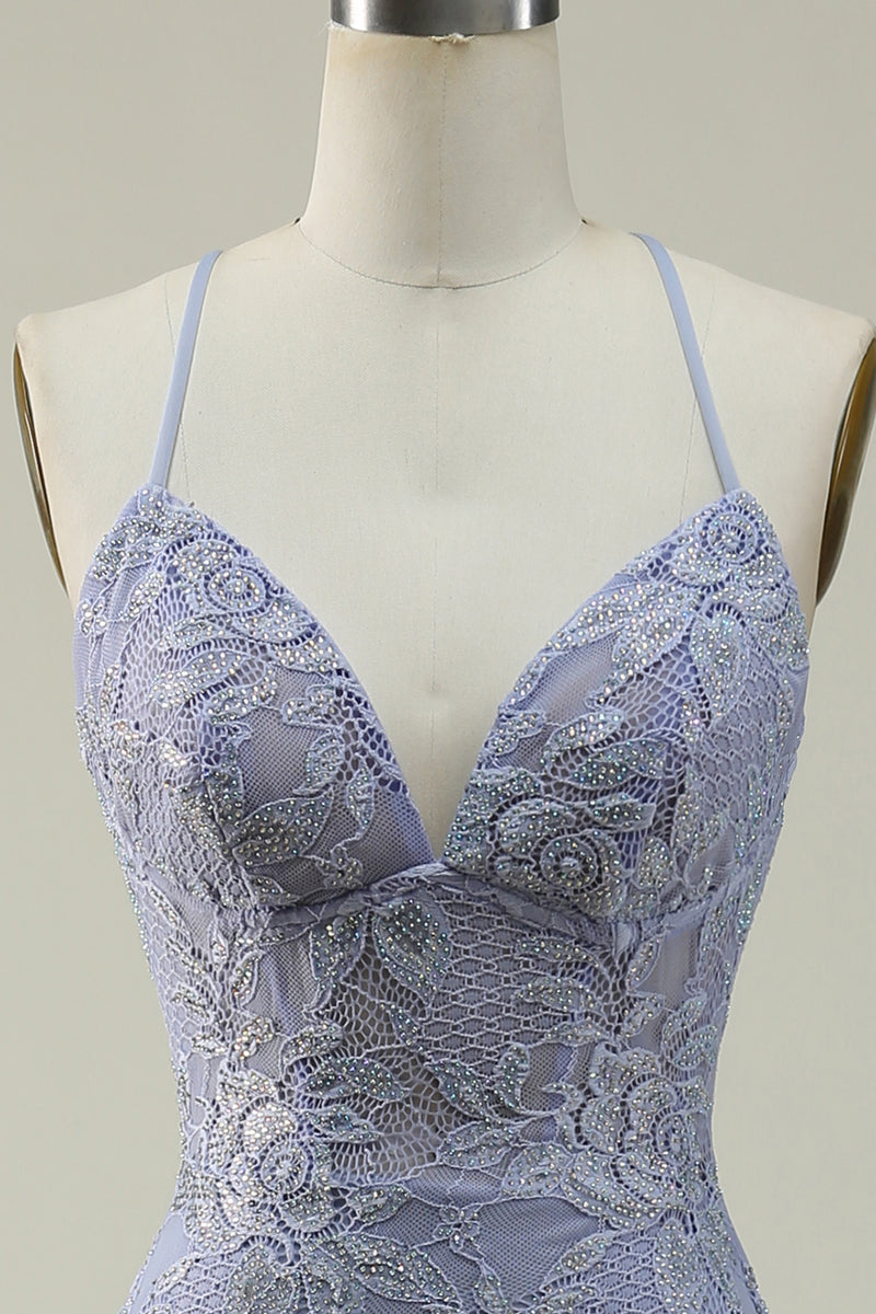 Load image into Gallery viewer, Purple Lace Mermaid Prom Dress with Slit