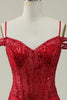 Load image into Gallery viewer, Off the Shoulder Burgundy Mermaid Corset Prom Dress with Sequins
