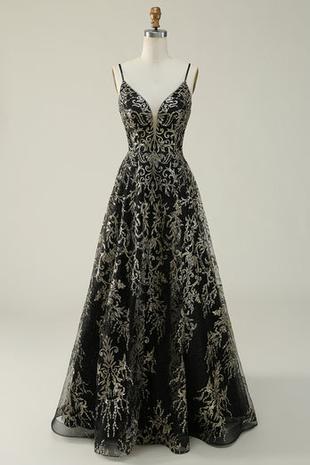 Spaghetti Straps Black A Line Glitter Prom Dress