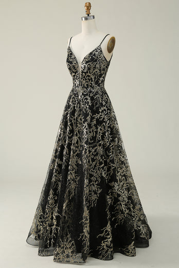 Spaghetti Straps Black A Line Glitter Prom Dress