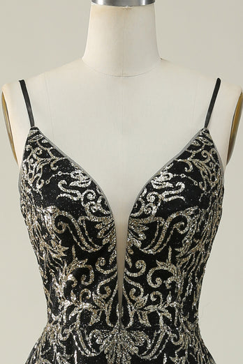 Spaghetti Straps Black A Line Glitter Prom Dress