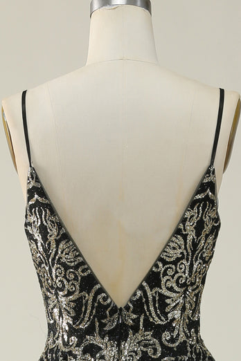 Spaghetti Straps Black A Line Glitter Prom Dress