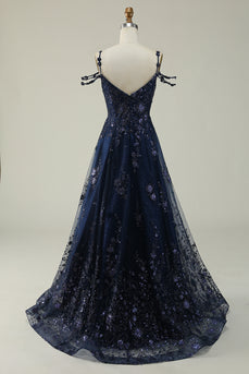 Off the Shoulder Navy A Line Glitter Prom Dress with Sequins