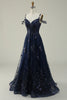 Load image into Gallery viewer, Off the Shoulder Navy A Line Glitter Prom Dress with Sequins