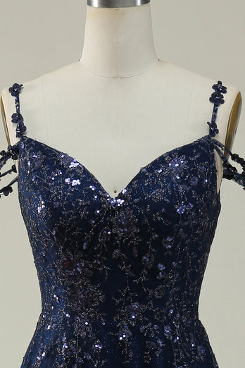 Off the Shoulder Navy A Line Glitter Prom Dress with Sequins