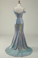 Load image into Gallery viewer, Off the Shoulder Blue Glitter Mermaid Prom Dress with Slit