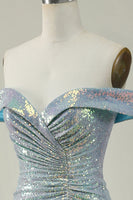 Load image into Gallery viewer, Off the Shoulder Blue Glitter Mermaid Prom Dress with Slit