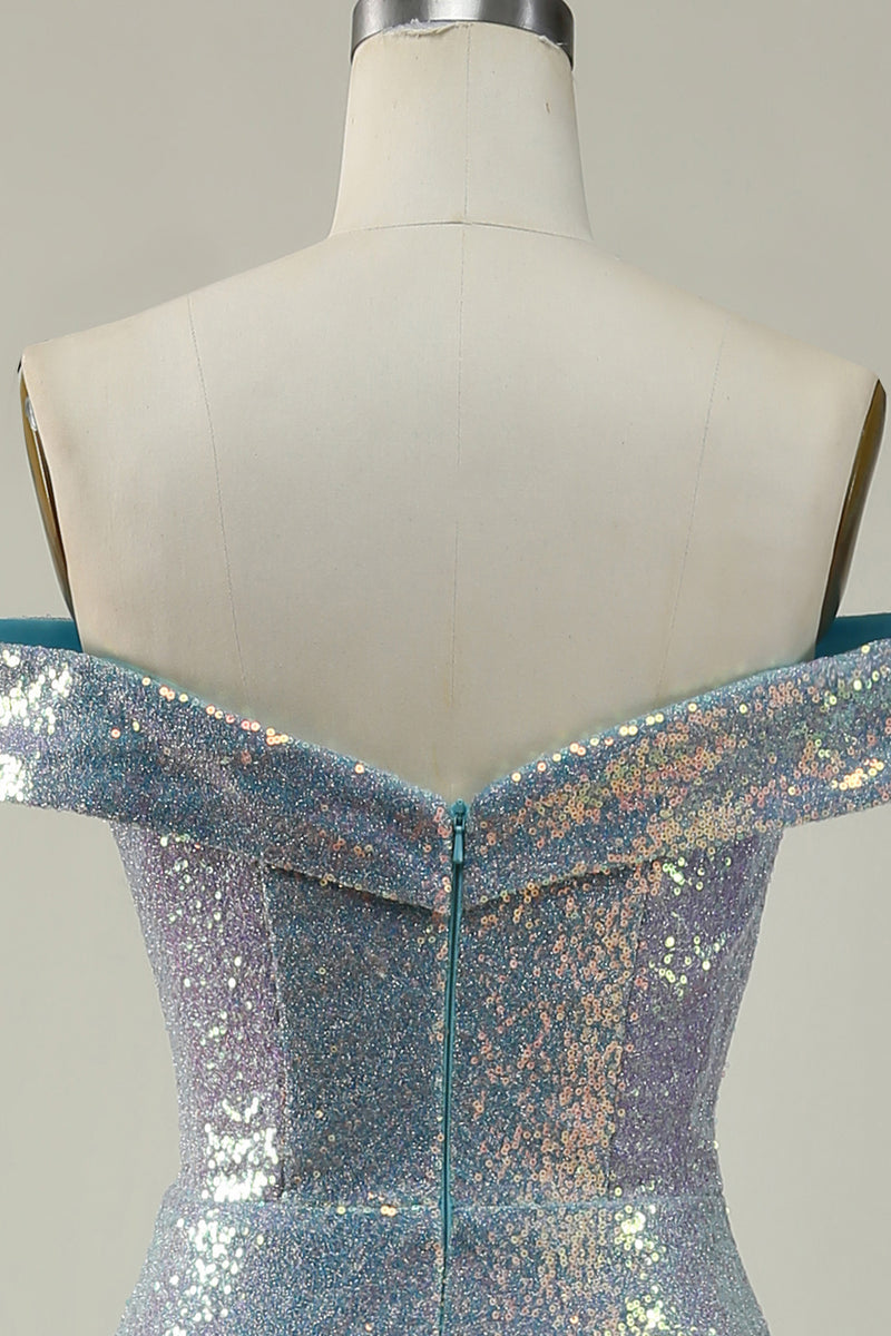 Load image into Gallery viewer, Off the Shoulder Blue Glitter Mermaid Prom Dress with Slit