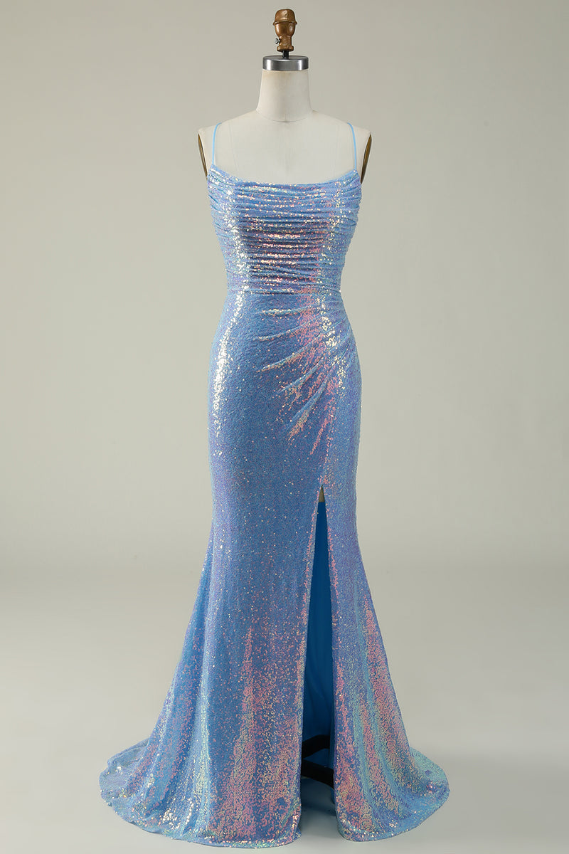 Load image into Gallery viewer, Blue Spaghetti Straps Glitter Mermaid Prom Dress with Slit