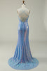 Load image into Gallery viewer, Blue Spaghetti Straps Glitter Mermaid Prom Dress with Slit