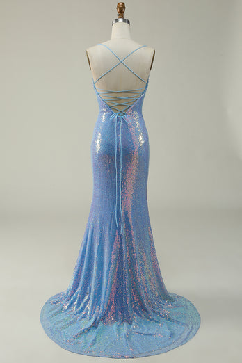 Blue Spaghetti Straps Glitter Mermaid Prom Dress with Slit