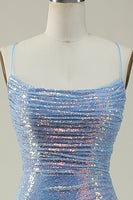 Load image into Gallery viewer, Blue Spaghetti Straps Glitter Mermaid Prom Dress with Slit