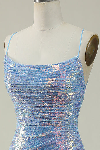 Blue Spaghetti Straps Glitter Mermaid Prom Dress with Slit