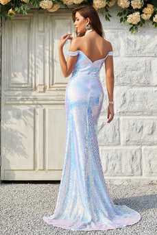 Off the Shoulder White Sequins Mermaid Prom Dress with Slit