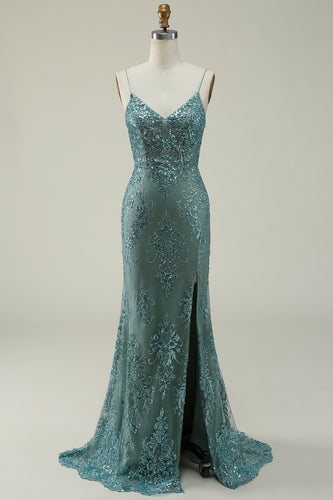 Green Spaghetti Straps Glitter Prom Dress with Appliques