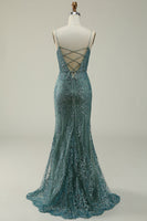 Load image into Gallery viewer, Green Spaghetti Straps Glitter Prom Dress with Appliques