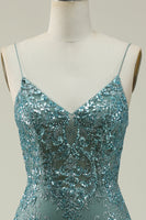 Load image into Gallery viewer, Green Spaghetti Straps Glitter Prom Dress with Appliques