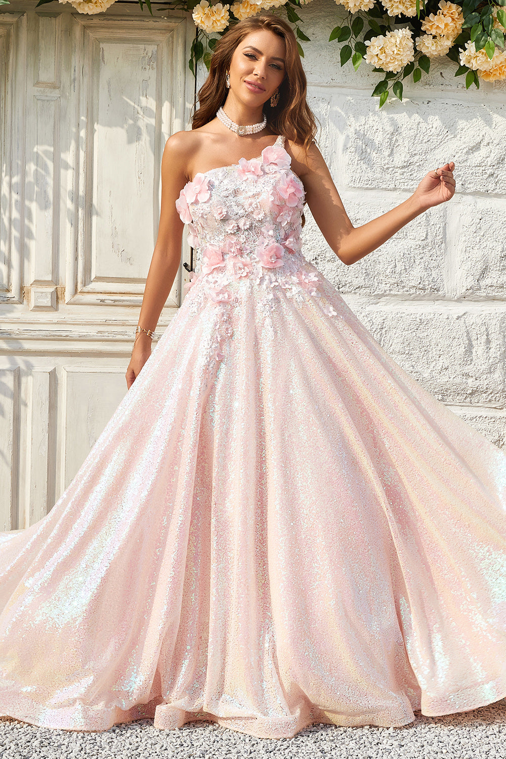 One Shoulder A Line Glitter Prom Dress with Appliques