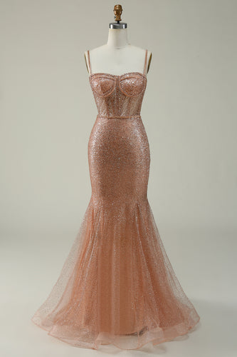 Blush Spaghetti Straps Tulle Glitter Corset Prom Dress
