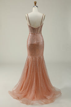 Blush Spaghetti Straps Tulle Glitter Corset Prom Dress