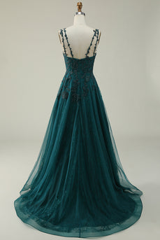 Dark Green A Line Tulle Appliques Prom Dress with Slit