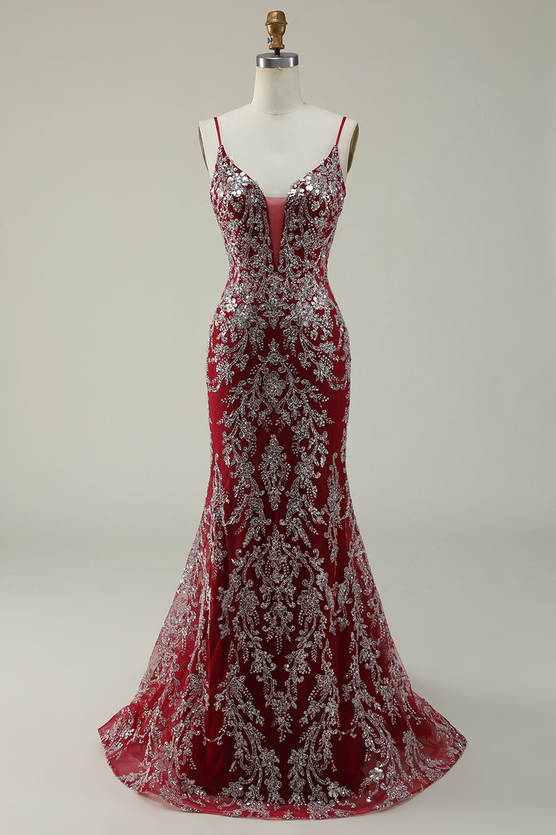 Load image into Gallery viewer, Burgundy Spaghetti Straps Mermaid Glitter Prom Dress