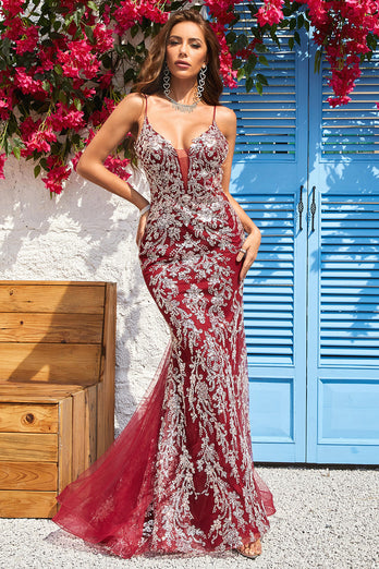 Burgundy Spaghetti Straps Mermaid Glitter Prom Dress