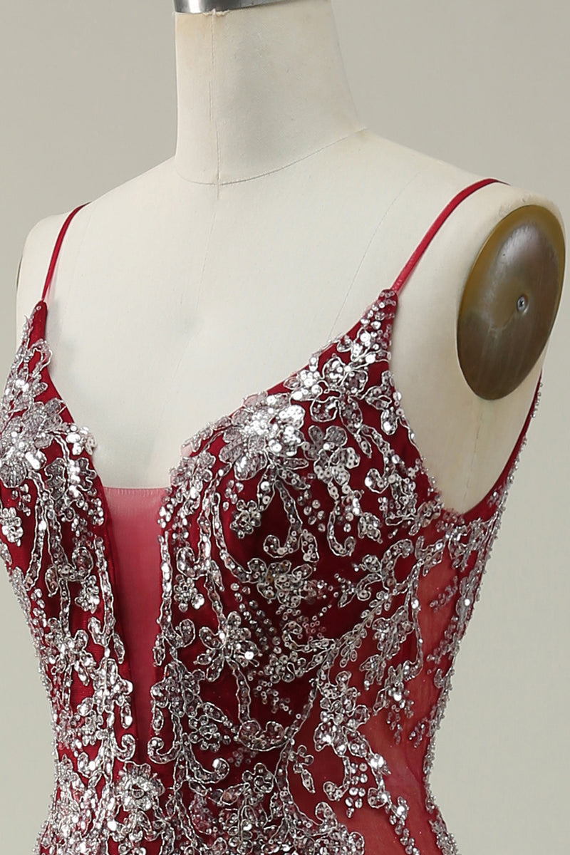 Load image into Gallery viewer, Burgundy Spaghetti Straps Mermaid Glitter Prom Dress