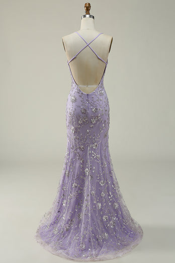Lavender Spaghetti Straps Mermaid Prom Dress with Slit
