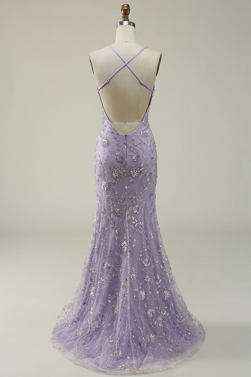 Load image into Gallery viewer, Lavender Spaghetti Straps Mermaid Prom Dress with Slit