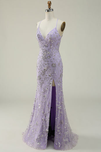 Lavender Spaghetti Straps Mermaid Prom Dress with Slit