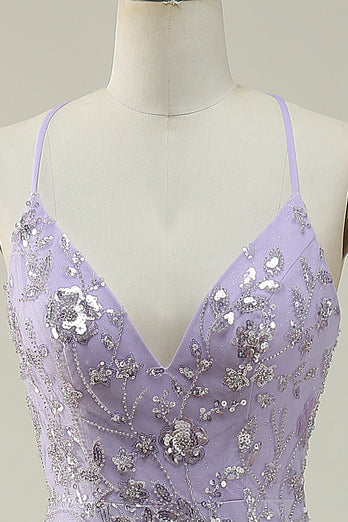 Lavender Spaghetti Straps Mermaid Prom Dress with Slit